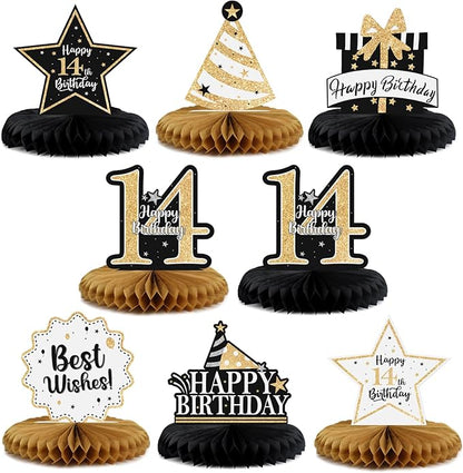Happy 14th Birthday Decorations,14th Birthday Gold Glitter Shiny Stand Honeycomb Table Centerpieces - Cheers to Fourteen Years Old Birthday Party Photoprop Gift Sign.