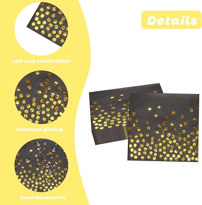 100 Pcs 6.5x6.5 Inch Disposable Black Gold Dot Paper Napkins