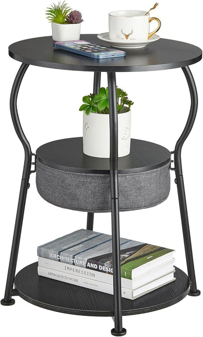 Small Round Side Table with Storage Bag, 3-Tier Accent Round End Table with Storage Shelves for Living Room, 21.6" H Vintage Small Corner Table for Smalls Spaces (D - 15.8 in Black)