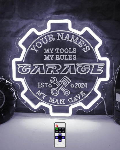 Custom Garage Neon sign for Wall Decor with Timing Remote, Personalized Gear Garage LED Neon Light for Man Cave, Home Bar, Workshop, Son Dad Birthday Gift WHITE