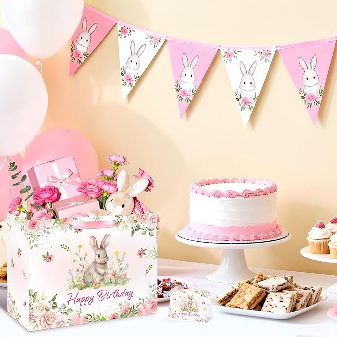 Rabbit Bunny Birthday Party Decorations Bunny Birthday Gift Bag Large Pink Floral Rabbit Gift Bag with Handle Tissue Paper Greeting Card for Girls Women Kids Christmas Baby Shower Party Supplies