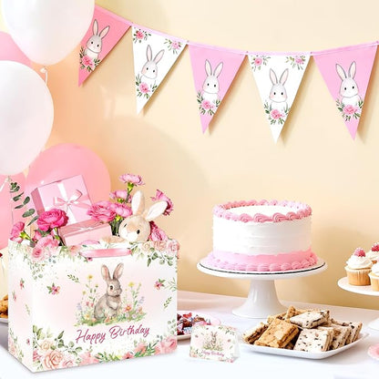 Rabbit Bunny Birthday Party Decorations Bunny Birthday Gift Bag Large Pink Floral Rabbit Gift Bag with Handle Tissue Paper Greeting Card for Girls Women Kids Christmas Baby Shower Party Supplies
