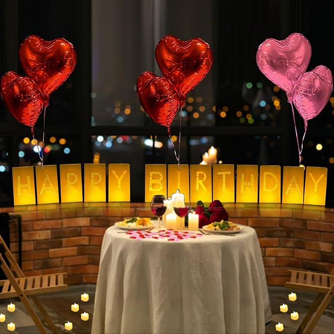 Happy Birthday Lighted Letters Sign 13pcs Luminary Paper Bags 48pcs Flameless LED Candle Tealight 2000pcs Red Pink Rose Petals 15pcs Heart Balloons Romantic Night Valentine's Day Decorations