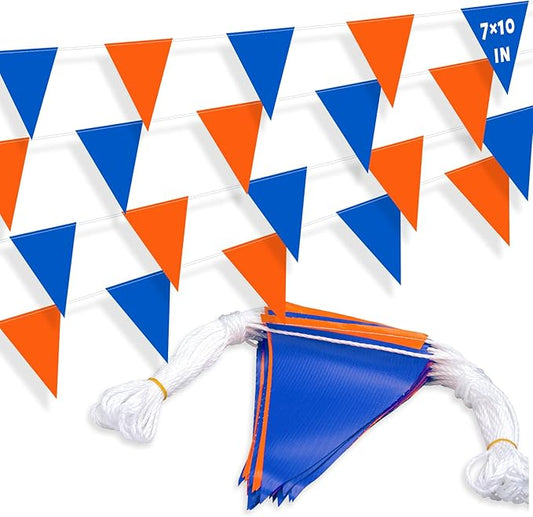 105ft Pennant Banner Flag, 7"x10" Fluorescent Orange and Blue Safety Flagging Banner Warning Flag for Construction Site/Traffic Control/Boundary Barrier Signs, Perimeter Marking Flags on String, 45 Flags