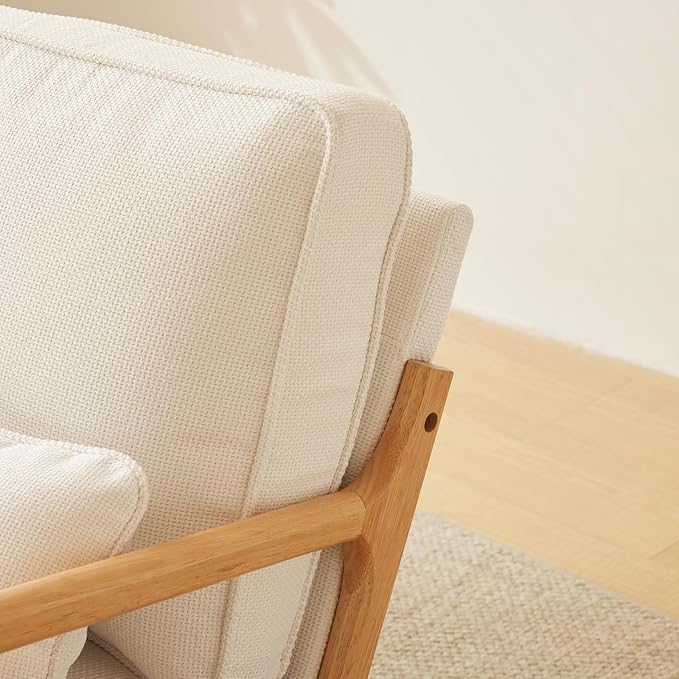 Bonnlo Coarse Linen Beige Mid Century Modern Accent Chair, Soild Wood Padding Lounge Armchairs Side Sitting Chairs for Living Room, Bedroom, Guest Room