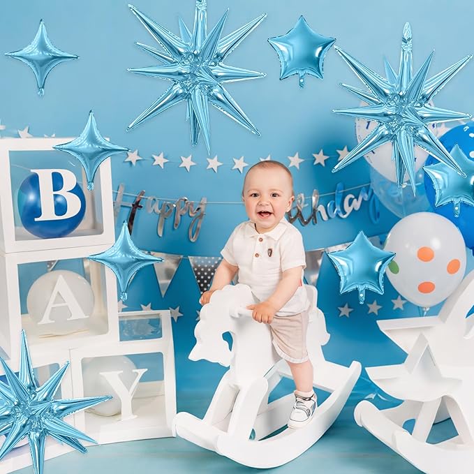 Blue Star Balloon,16Pcs Light Blue Star Foil Balloons Set with 22Inch Explosion Spike Cone Balloons and 10Inch Quadrangle Helium Balloon for Birthday Wedding Baby Shower Party Decorations