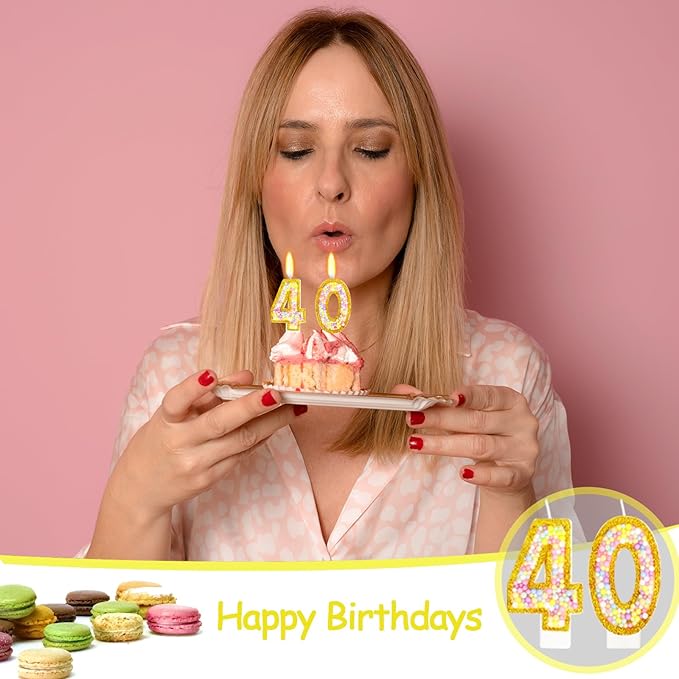 40th Birthday Candle for Cake, Colorful Macaron Numeral Candles for Women/Men, Birthday Party Cake Decorations, Golden Cake Topper for Birthday Party Supplies (Number 40)