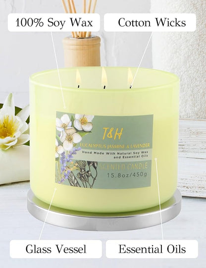 T&H Eucalyptus Jasmine Lavender 3-Wick Soy Candle 15.8 oz | Large Lavender Woods Scented Candle for Home | Aromatherapy Stress Relief Candle for Men & Women | Highly Scented, Long-Lasting Clean Burn