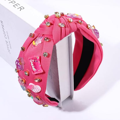 Knotted Headband for Women Lollipop Candy Mushroom Crystal Jeweled Embellished Top Knot Hairband Statement Wide Turban Hair Hoop Funny Gifts for Girls Sister Birthday Xmas Holiday Party