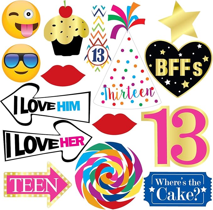 13th Birthday Photo Booth Party Props - 40 Pieces - Funny Official Teenager Birthday Party Supplies, Decorations and Favors