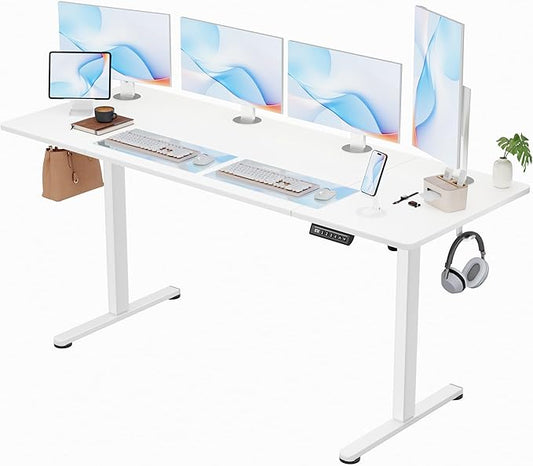 Furmax Electric Standing Desk, 63 x 24 Inches Sit Stand up Desk, Sit Stand Height Adjustable Home Office Desk with 4 Height Position Memory - with Splice Board (White, 63)