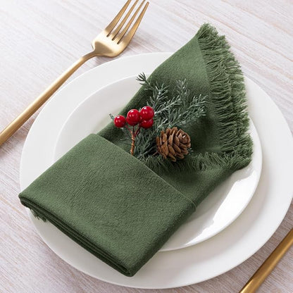 12 Pack Olive Green Cotton Linen Napkins with Fringe Green Cloth Napkins Set of 12 Boho Handmade Dinner Table Napkins for Wedding Bridal Baby Shower Tea Party, 17 x 17 Inches