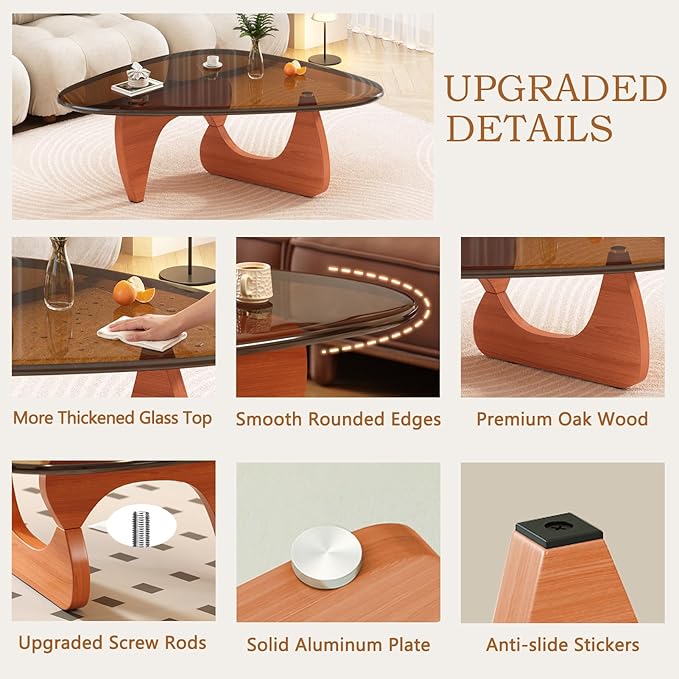 Coffee Table for Living Room Mid Century Modern Center Small Table with Glass Top and Wood, Walnut Brown(32 Inch)