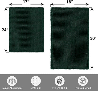 MIULEE Dark Green Set of 2 Waffle Bathroom Rugs, Boho Bath Rugs Non Slip Washable, Super Absorbent Bath Mats, Ultra Soft Rubber Backed Shower Mats for Bathroom Floor, Tub, 17"x24"+18"x30"