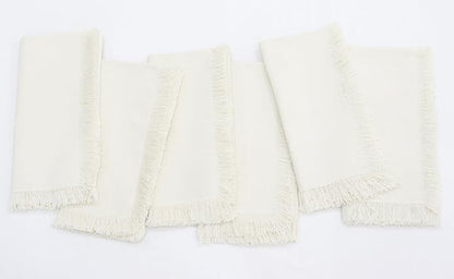 PurpleEssences Cloth Napkins with Fringes, 100% Cotton Christmas Holiday Winter Table Decor, Set of 6 18x18 Inch Reusable Dinner Napkins for Parties and Weddings - Beige