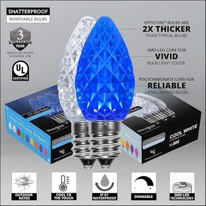 Wintergreen Lighting Set of 50 C7 Blue and White OptiCore Commercial Christmas Lights - Cool White and Blue Outdoor LED Bulbs on Heavy Duty 18 Gauge Green Wire (50 ft)