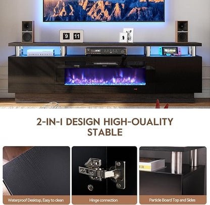 70" TV Stand for Living Room, Modern Entertainment Center & Media Console, Fits TVs up to 80", Storage Cabinet with Shelves, 36" Electric Fireplace with LED Flame (All Black)