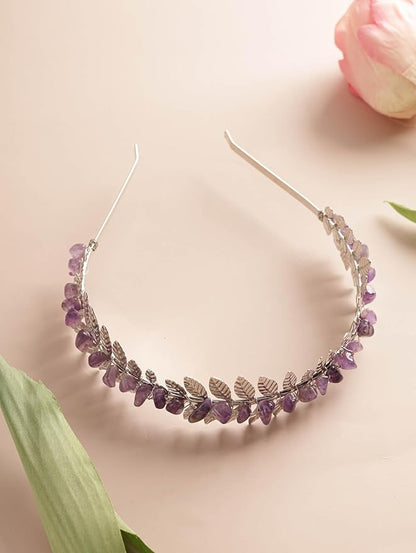MINACHI Boho Created Amethyst Leaf Hairband, Silver-Tone Handmade Festival Crown, Jewelry Gift for Women Mother's Day