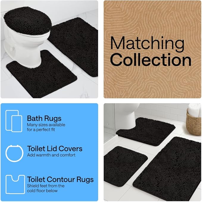 GORILLA GRIP Bathroom Rug Sets, Soft Chenille 2 Piece Area Rugs Set, Toilet Base Mat and 30x20 Carpet, Absorbent Microfiber Washable Mats Dry Quickly, Home Décor and Bath Room Accessories, Black