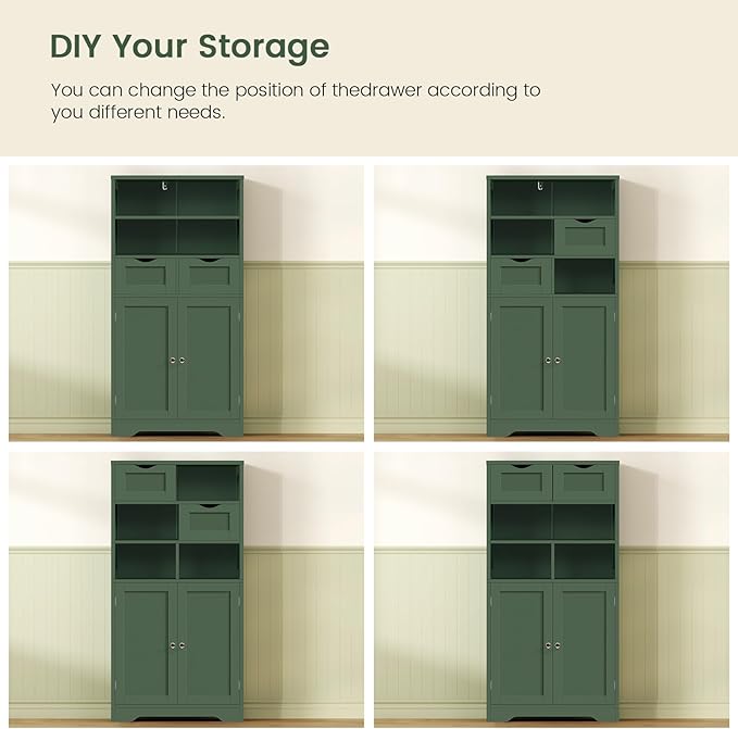 Iwell Bathroom Storage Cabinet with 2 Drawers & Adjustable Shelf, Storage Cabinet with Doors, Kitchen Pantry Storage Cabinets, Cupboard, for Living Room, Dining Room, Entryway, Green