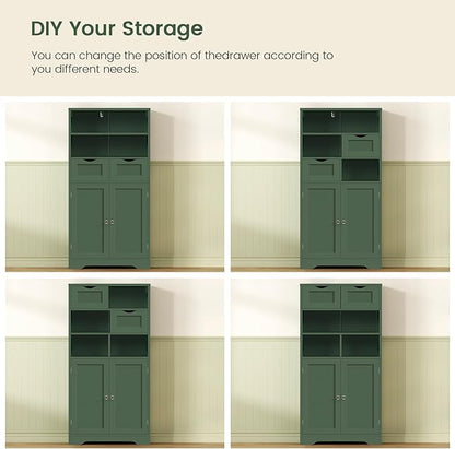 Iwell Bathroom Storage Cabinet with 2 Drawers & Adjustable Shelf, Storage Cabinet with Doors, Kitchen Pantry Storage Cabinets, Cupboard, for Living Room, Dining Room, Entryway, Green