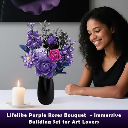 Purple Roses Bouquet Building Blocks Set, Botanical Collection Artificial Flowers Compatible with Lego Flowers, Christmas Decor Gift for Adults Teens Women, Gothic Home Decor Bouquet