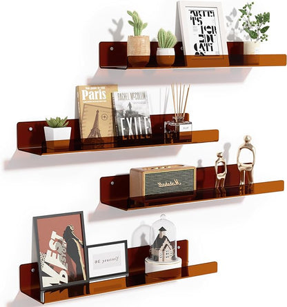 upsimples Acrylic Shelves for Wall Decor, 15" Display Shelf Perfume Organizer for Bathroom, Bedroom, Living Room, Floating Bookshelves for Kids, Clear Brown, 4 Pack