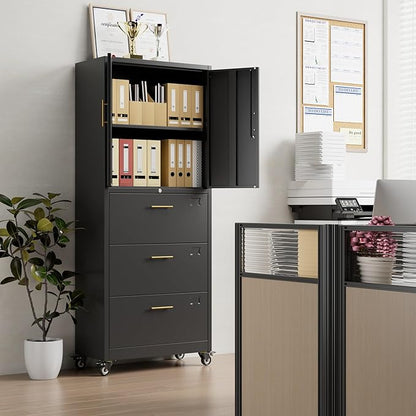 METAN Metal File Cabinet with 3 Drawers and 1 Shelves,Office Filing Cabinet on Wheels with Lock,Office Storage for Letter/Legal Size,Assembly Required,Black
