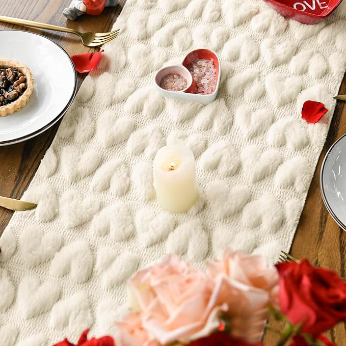 Artoid Mode Beige Soft Plush Faux Fur Jacquard Heart Valentine's Day Table Runner, Seasonal Kitchen Dining Table Decoration for Home Party Decor 13x90 Inch