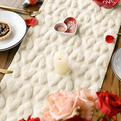Artoid Mode Beige Soft Plush Faux Fur Jacquard Heart Valentine's Day Table Runner, Seasonal Kitchen Dining Table Decoration for Home Party Decor 13x36 Inch