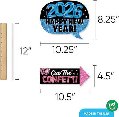 Big Dot of Happiness Funny Colorful New Year Photo Props, 2026 New Year's Eve Party Decoration, NYE Midnight Photo Booth Props Kit – 10 Count Selfie Sticks