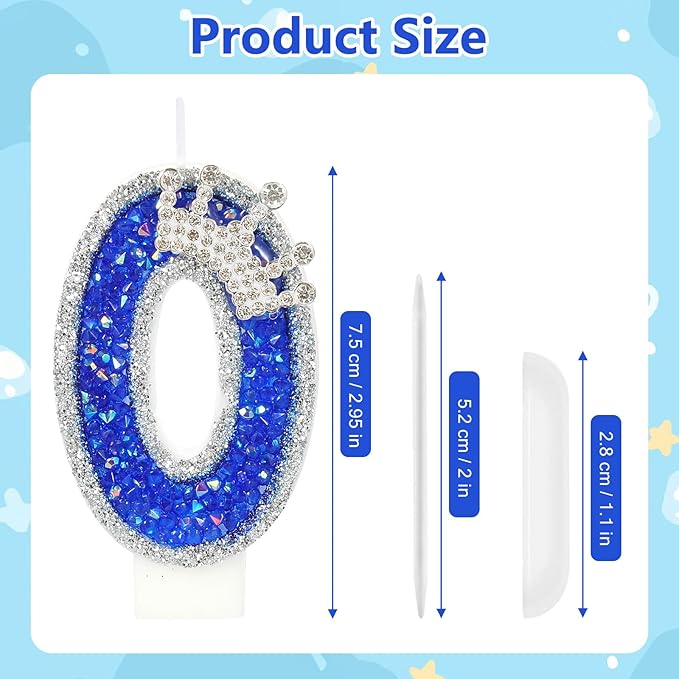 Blue Birthday Candle Crown Number 0 Candle with Sequins Cake Candles Cupcake Decorations Party Decor for Anniversary Celebrations Supplies