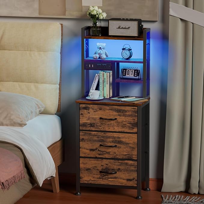 Furnulem Tall Night Stand with LED & USB Ports, 45.3inch Nightstand with Open Bookshelf, Bedside Table with 3 Fabric Drawers for Bedroom/Dorm/Office, Rustic Brown Wood-Metal Frame