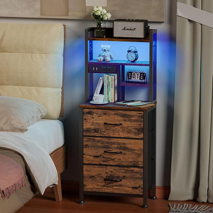 Furnulem Tall Night Stand with LED & USB Ports, 45.3inch Nightstand with Open Bookshelf, Bedside Table with 3 Fabric Drawers for Bedroom/Dorm/Office, Rustic Brown Wood-Metal Frame