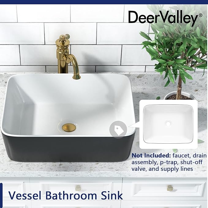 DeerValley DV-1V0001 Bathroom Vessel Sink 19" x 15" Above Counter Sink Rectangle Ceramic Bathroom Sink, Black and White Sinks