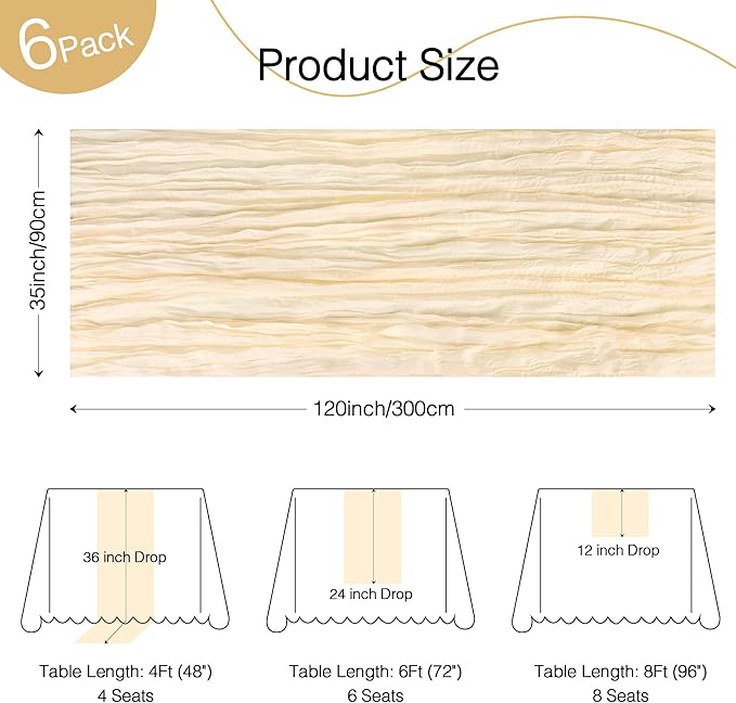 6 Pack Cheesecloth Table Runner 120 Inch Boho Rustic Gauze 10 FT Beige Cheese Cloths Table Runners Decorations for Spring Summer Birthday Party Baby Shower Wedding Holiday Home Decor