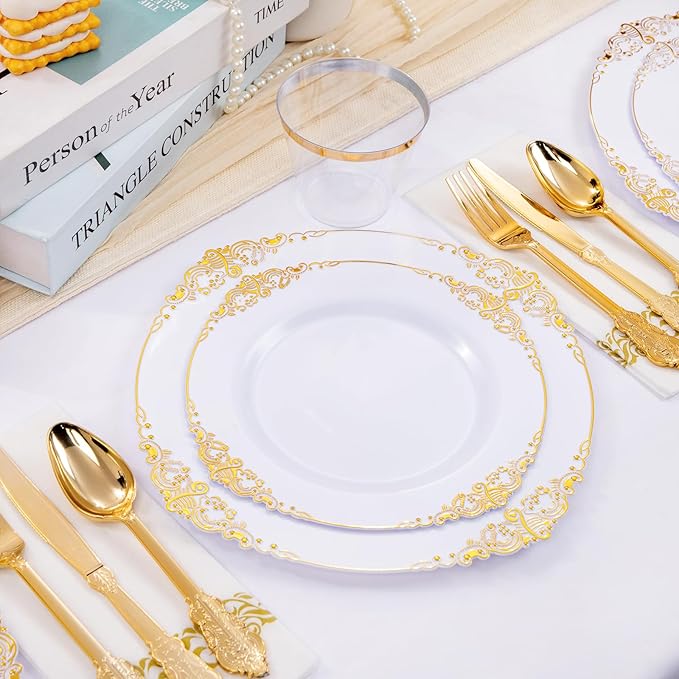 Hioasis 175pcs White and Gold Plastic Plates - Elegant Disposable Dinnerware Set Suitable for 25 Guests Include 10.25" Dinner & 7.5" Dessert Plates, Cutlery, Napkins, Cups for Party & Wedding
