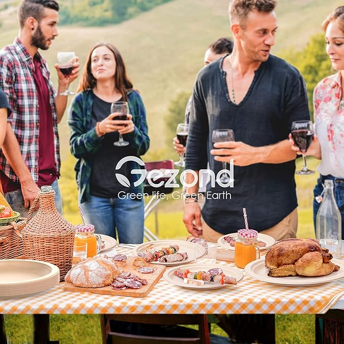 Gezond 100% Compostable Plates, Paper Plates 10 Inch 125 Pack Disposable Heavy-duty Plate Biodegradable Sugarcane Bagasse Plate for Party Picnic (Natural)