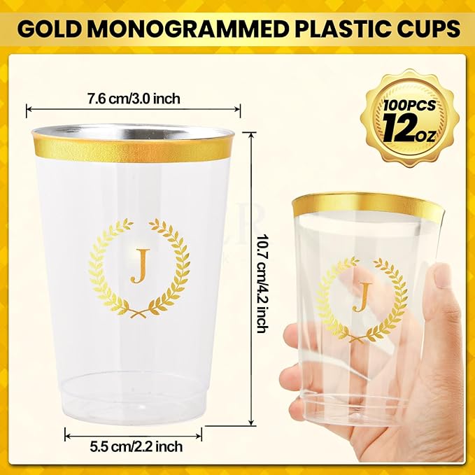 100 Pieces Monogrammed Plastic Cups Gold Foil Letter J Disposable Cups 12 oz Clear Initial Party Cups for Wedding Birthday Baby Shower Personalized Party Drinkware