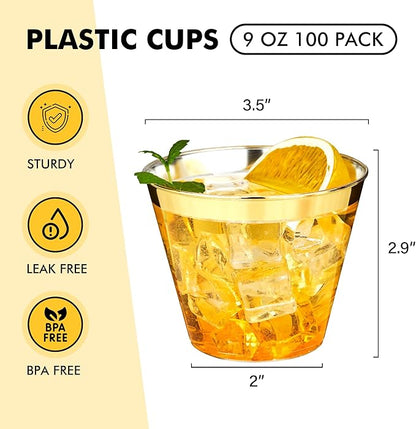 RACETOP 100 Pack 9 oz Gold Plastic Cups Tumbler, Disposable Cups with Gold Rim for Party, Heavy-duty Clear Plastic Wine Glasses, Disposable Wedding Cups