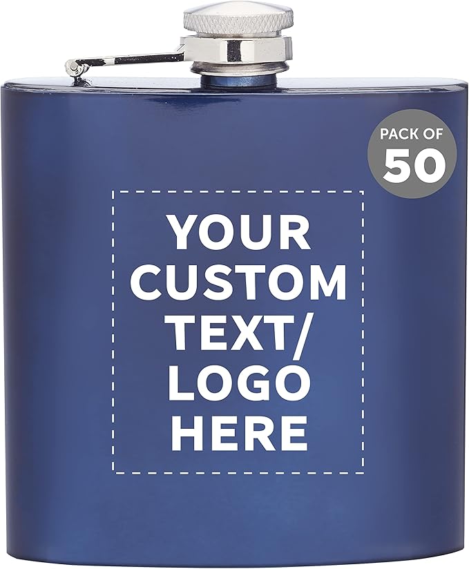 Custom Murano Stainless Steel Hip Flasks 6 oz. Set of 50, Personalized Bulk Pack - Screw on Cap, Great for Wedding Party Gifts, Groomsmen Gifts, Outdoor Activities - Blue