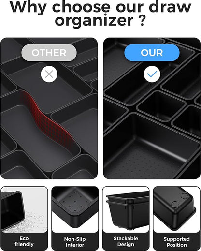 25 PCS Plastic Drawer Organizers Set, 4-Sizes Vanity and Makeup Organizer, Desk and bathroom Drawer Organizer Trays, Organizers and Storage for Makeup, Jewelry, Gadgets, Utensils (Black)