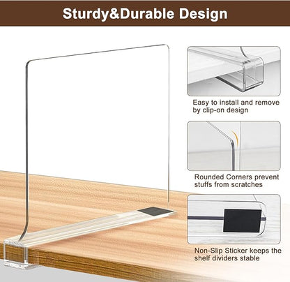 6 Pack Shelf Dividers, Adjustable Shelf Dividers for Closet Organization with Non-Slip Design, Clear Acrylic Shelf Dividers for Clothes, Handbags, Purses, Towels, Bookshelf in Home Organization