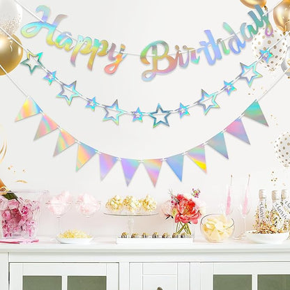 CANREVEL 3 PCS Iridescent Happy Birthday Banners, Hanging Star Garland and Pennant Banner Flags, Sparkling Iridescent Party Decorations, Iridescent Party Supplies for Women Men Girls Boys Adults