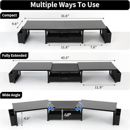 OPNICE Desk Organizers and Accessories, Dual Monitor Stand Riser with Drawer and 2 Pen Holders, Desk Shelf Wood Computer Racks for Office Workspace Organizers, Desktop Organization (Black Wood)