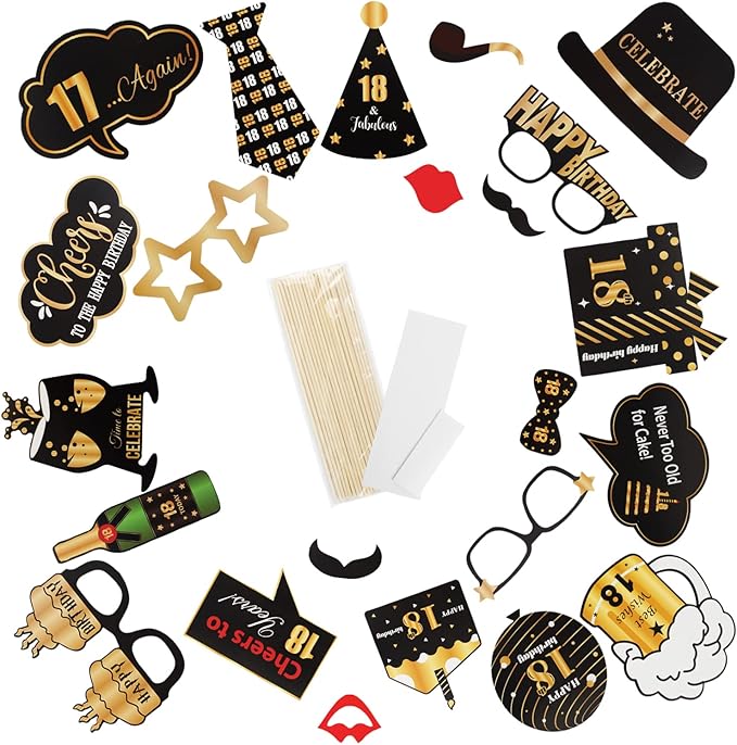 LINGTEER Happy 18th Birthday Party Photo Booth Props,Cheers to 18th Birthday Eighteen Years Old Bday Party Centerpieces Props Decorations Sign.