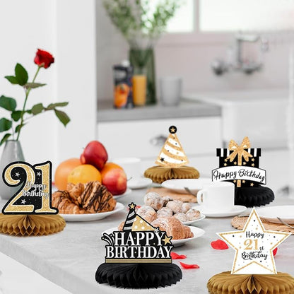 Happy 21st Birthday Decorations,21st Bday Gold Glitter Shiny Stand Honeycomb Table Centerpieces - Cheers to 21 Years Old Birthday Party Photoprop Gift Sign.