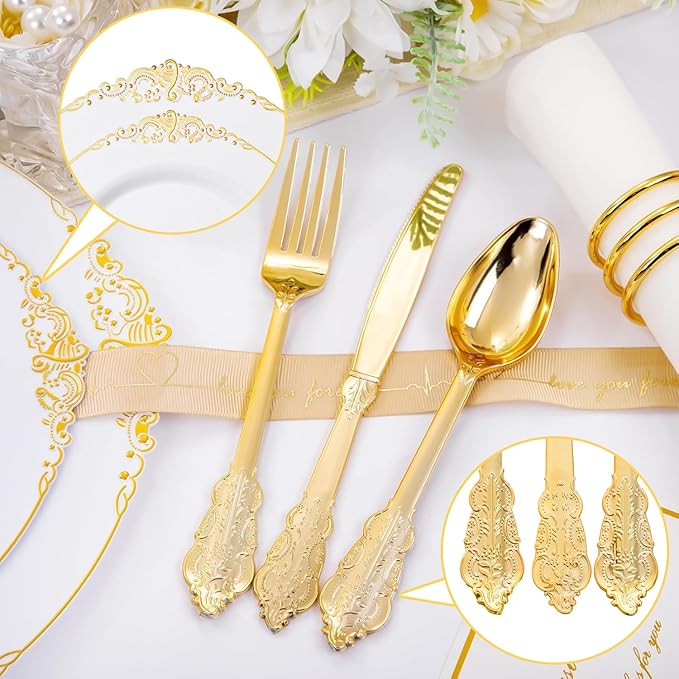Hioasis 350pcs White and Gold Plastic Plates - Elegant Disposable Dinnerware Set Include 10.25" Dinner & 7.5" Dessert Plates, Knives, Forks, Spoons, Napkins, Cups for Party & Wedding