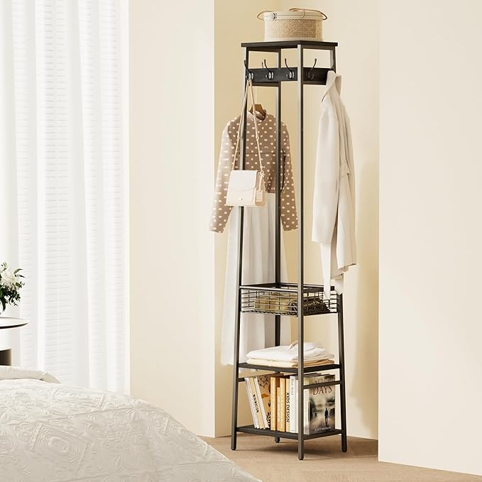 Coat Rack Freestanding, Coat Stand with Metal Basket and Storage Shelves, Hall Tree Free Standing With and 7 Hooks, Clothes Rack Stand Organizer, Black