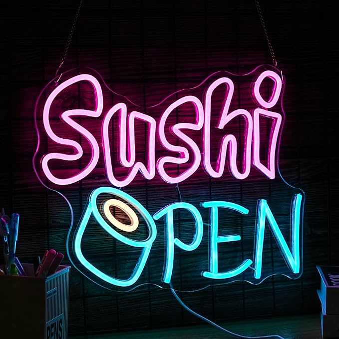 Sushi Open Neon Sign for Wall Decor - Dimmable LED Open Sign for Business - USB Powered Light for Sushi Shop, Restaurant, Kitchen, Home Decor